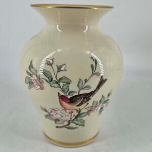 Lenox Fine China Serenade Vase 24K Gold Painted Trim Red Bird Floral